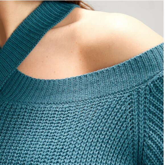 BloomChic Solid Pointelle Knit Lantern Sleeve Cold Shoulder Knit Top - Picture 5 of 6
